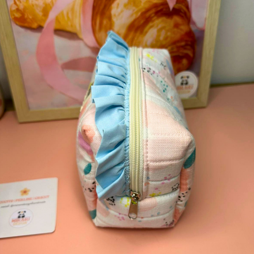 Beauty Case M con volant - Fiori Acquerello, Celeste - PRONTA CONSEGNA