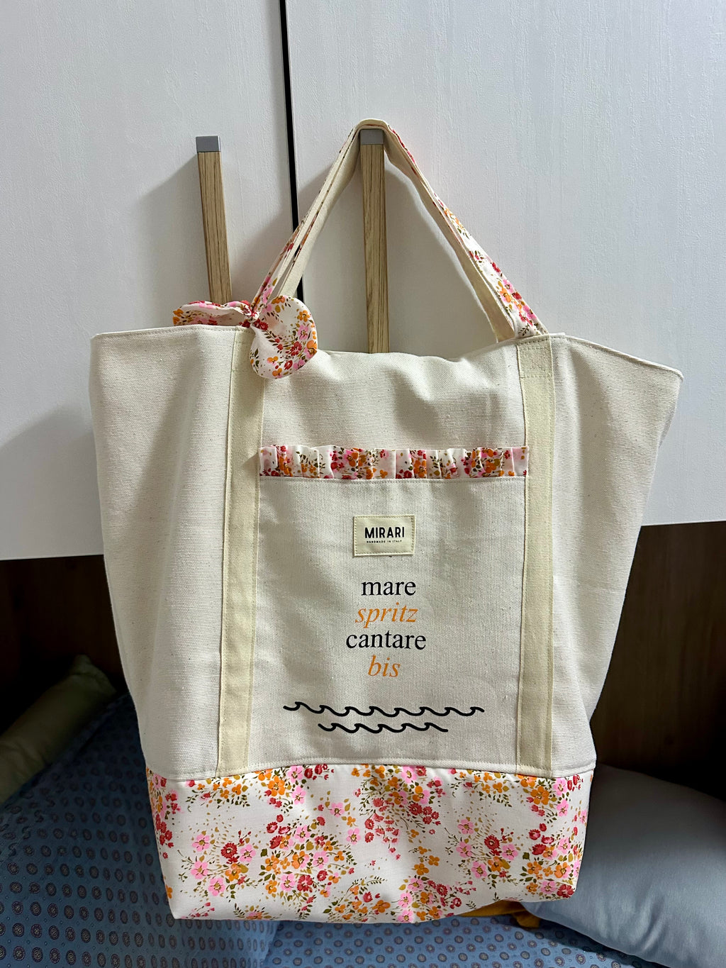 Maxi tote bag cotone con tasche - fiori arancio e rosa - PRONTA CONSEGNA