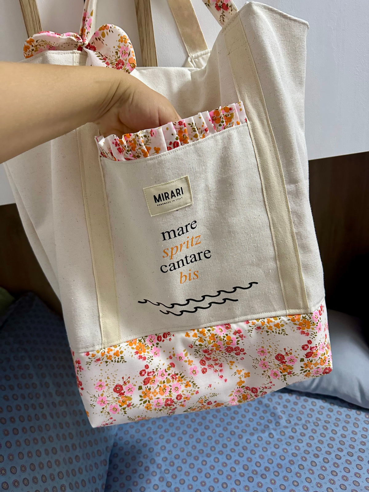 Maxi tote bag cotone con tasche - fiori arancio e rosa - PRONTA CONSEGNA