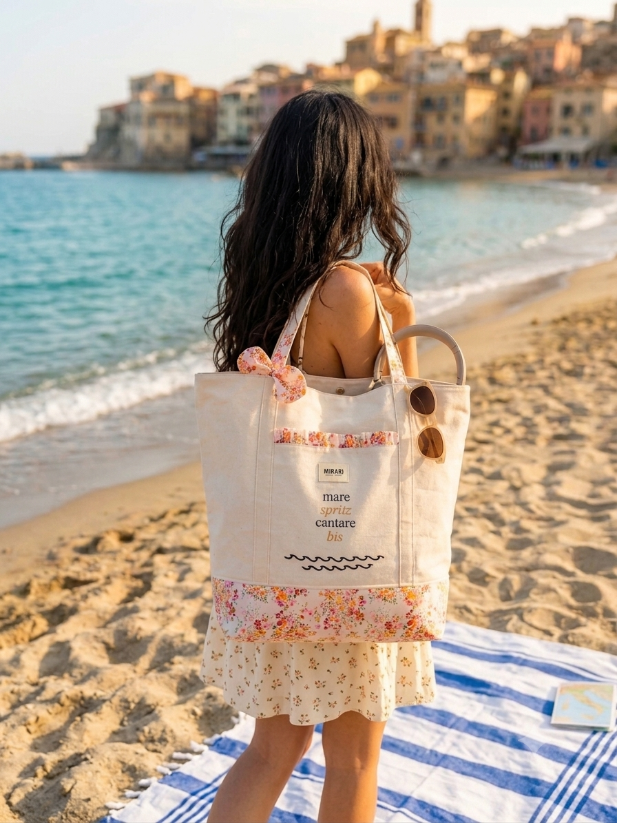 Maxi tote bag cotone con tasche - fiori arancio e rosa - PRONTA CONSEGNA