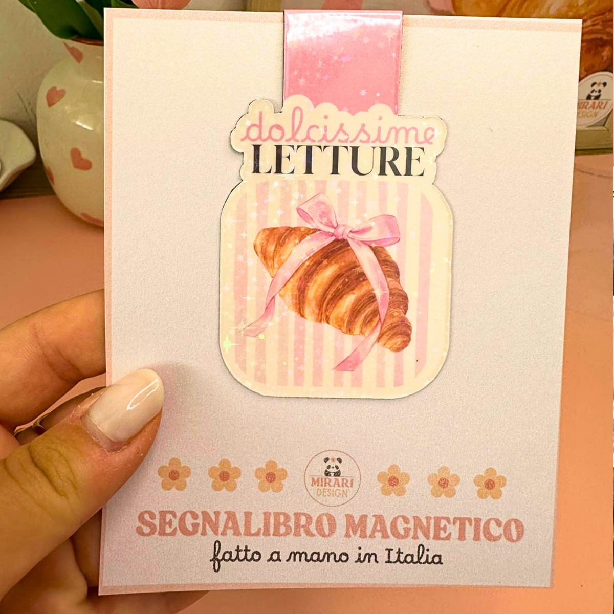 Segnalibro magnetico Dolcissime Letture - Cute croissant con righe rosa