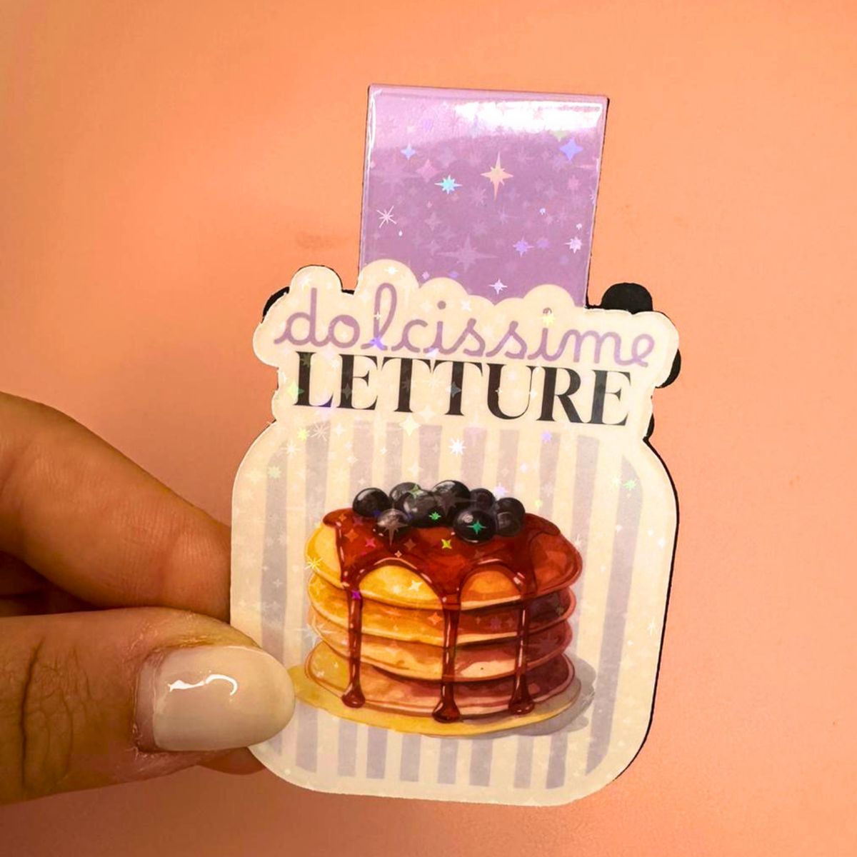 Segnalibro magnetico Dolcissime Letture - Pancakes ai mirtilli con righe rosa