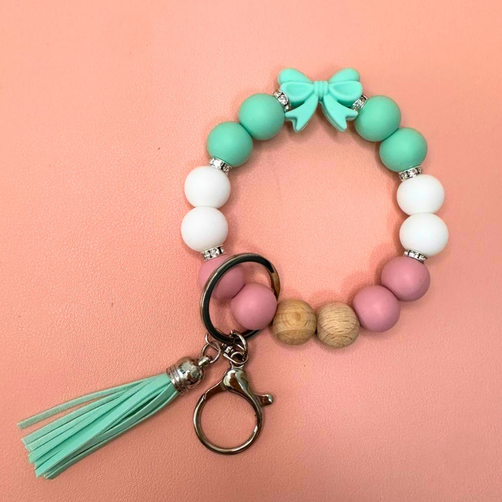 Portachiavi da polso con perline in silicone - Fiocco - Verde acqua, bianco, rosa