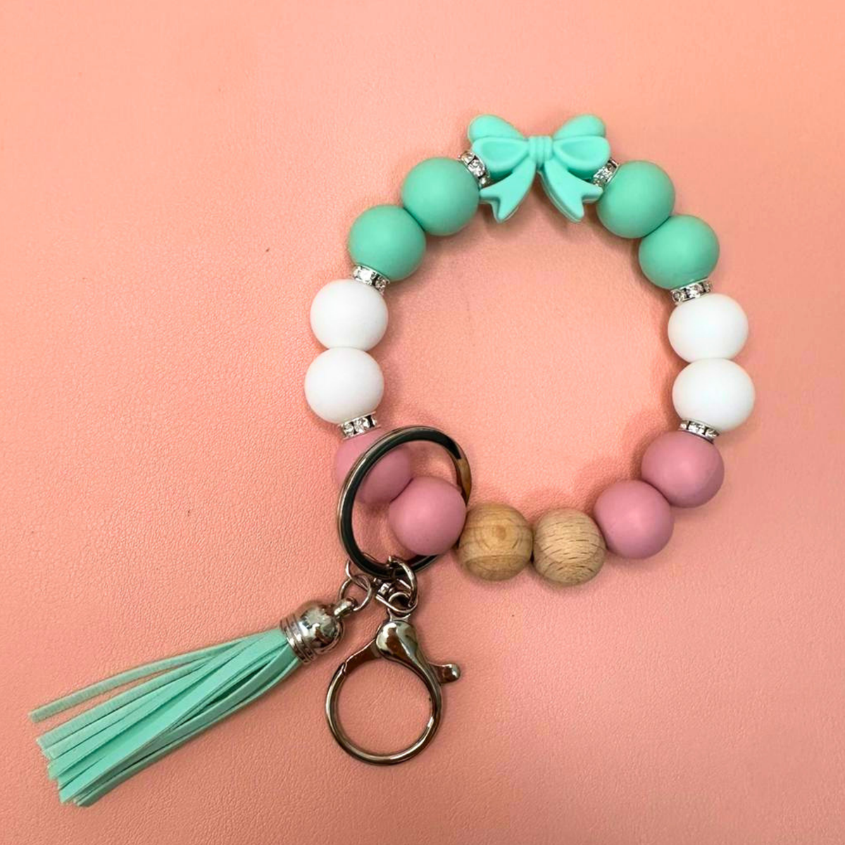 Portachiavi da polso con perline in silicone - Fiocco - Verde acqua, bianco, rosa