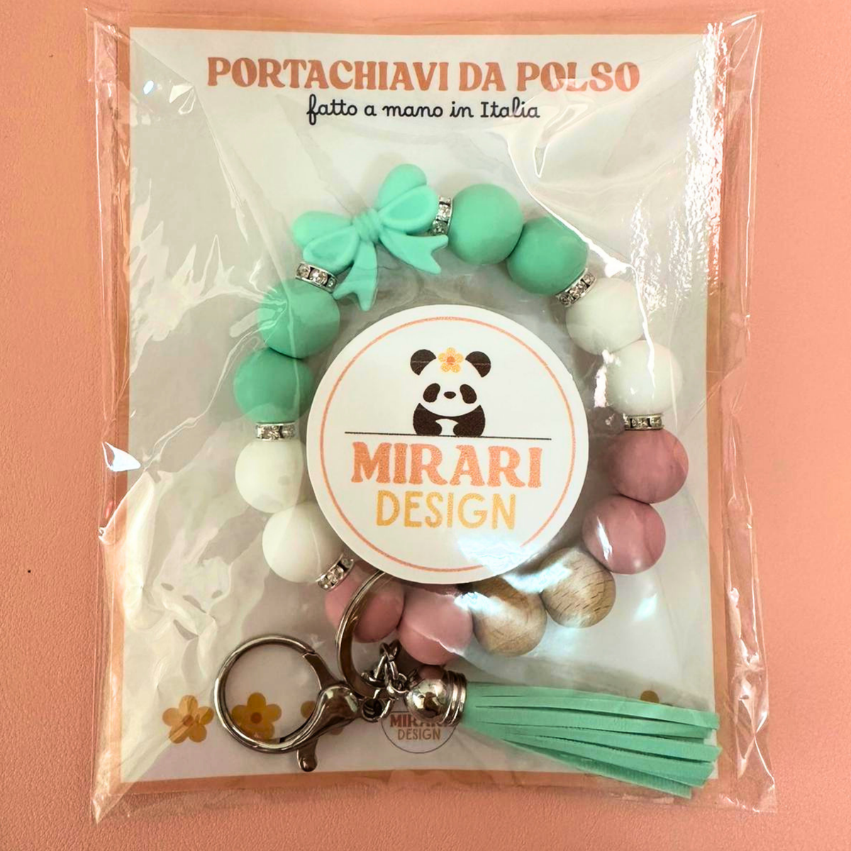 Portachiavi da polso con perline in silicone - Fiocco - Verde acqua, bianco, rosa